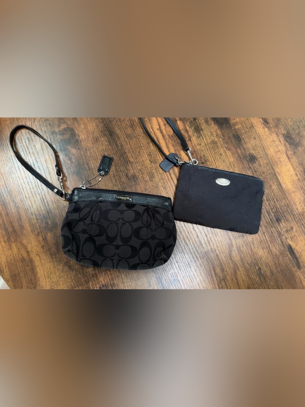 TWO Coach Black Signature Wristlet and Zip Pouch Duo